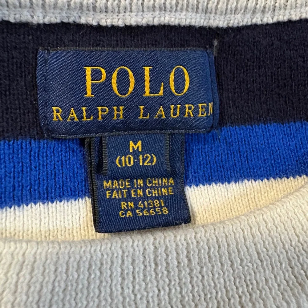 Polo Ralph Lauren Sweater Boys M (10-12) Blue White Striped Cotton Pony Logo